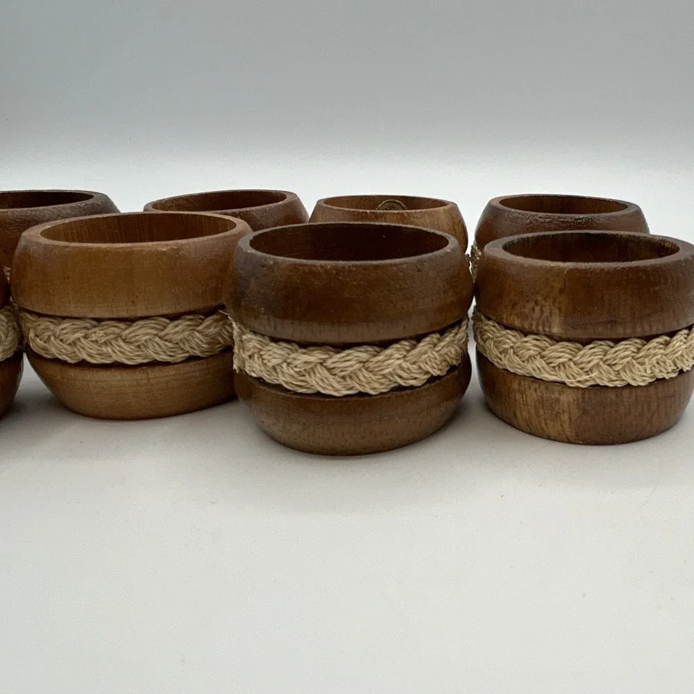 Set of 8 Wood Napkin Rings w/ Braided Jute Band, Brown/Beige Hand Wash Only